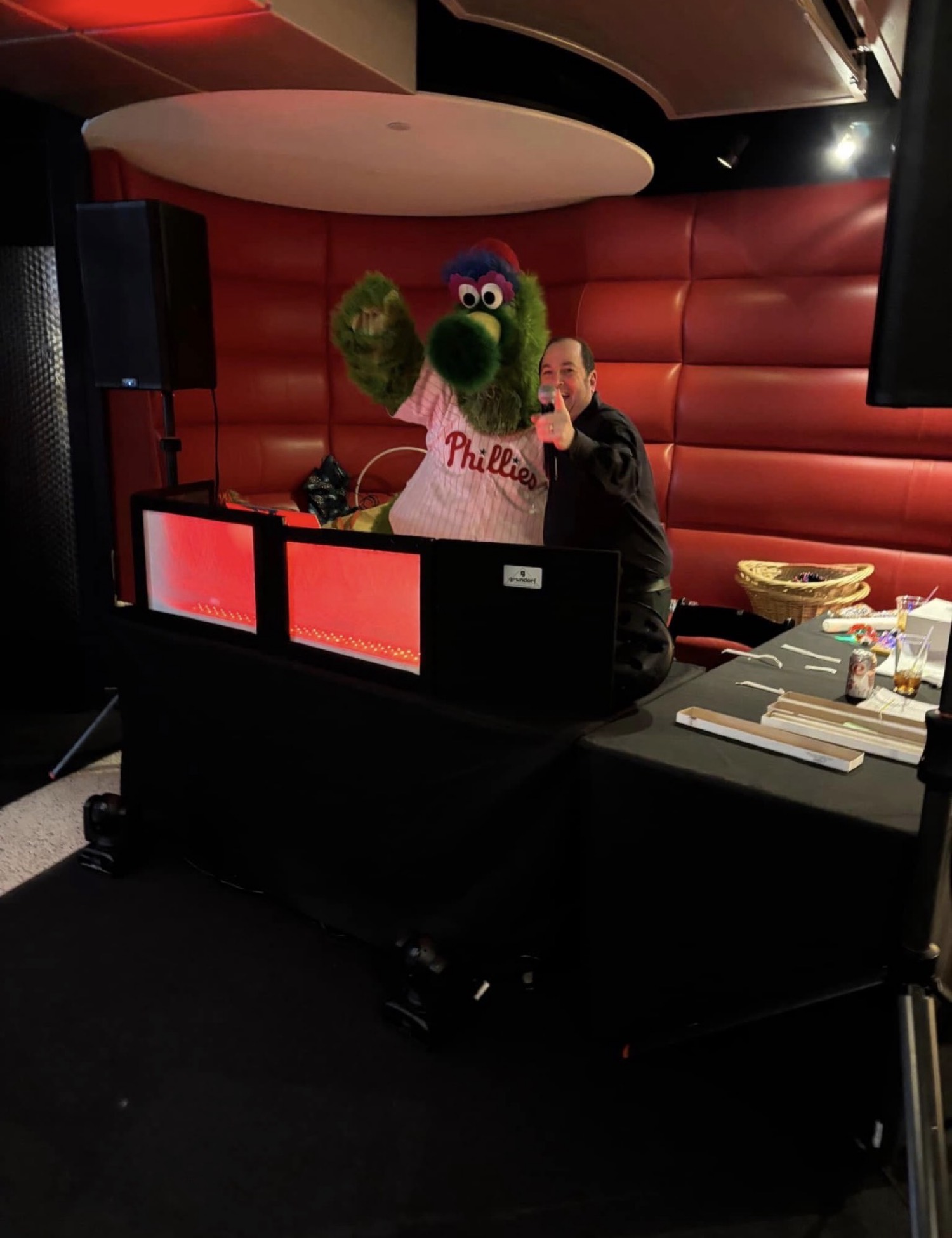 Marc with the Phillie Phanatic at the DJ booth